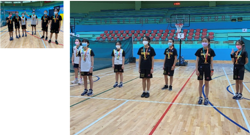 A group of primary school girls basketball players posing at a basketball court